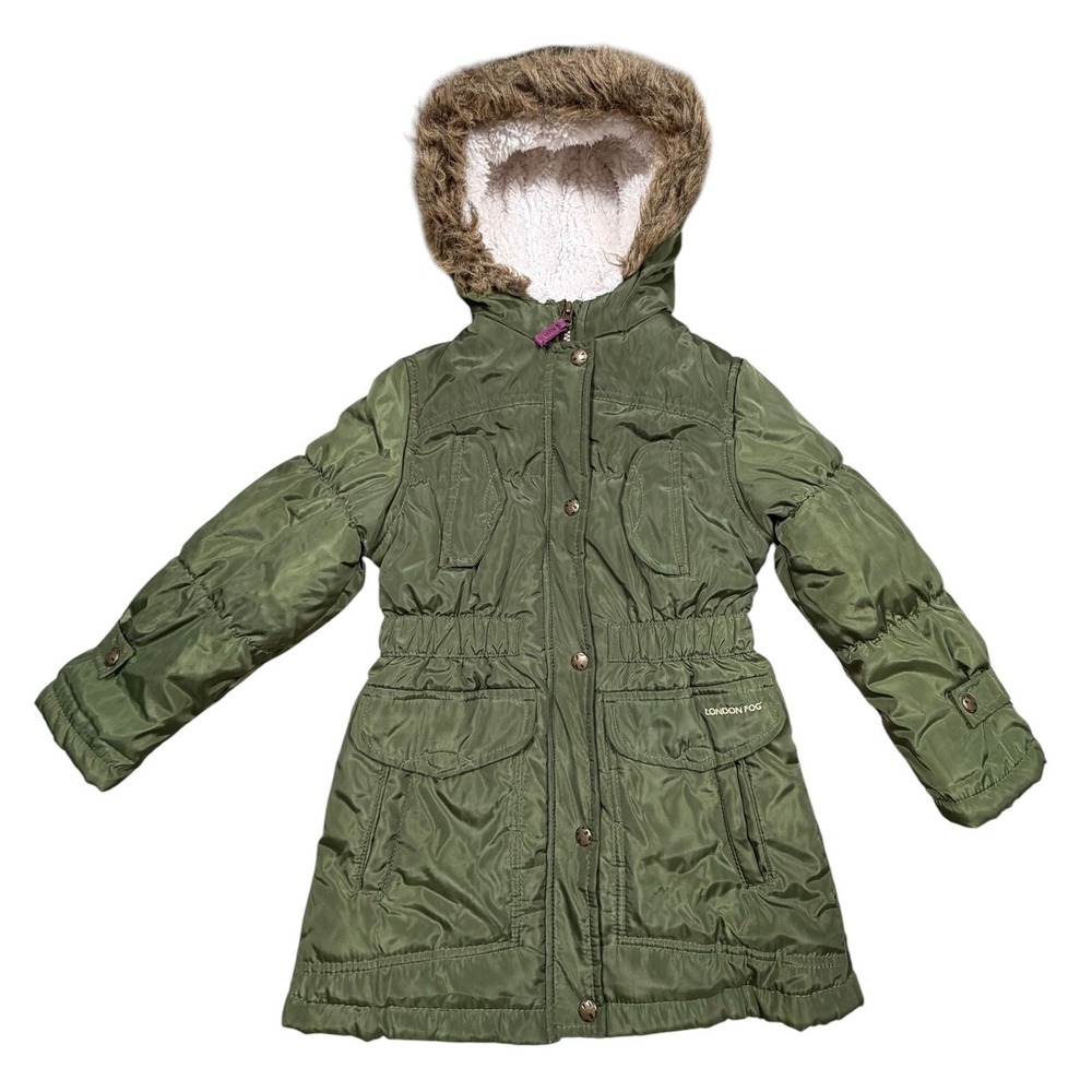 London Fog Girls Olive Green Faux Fur Hooded Puffer Coat Jacket Size 6X L218935